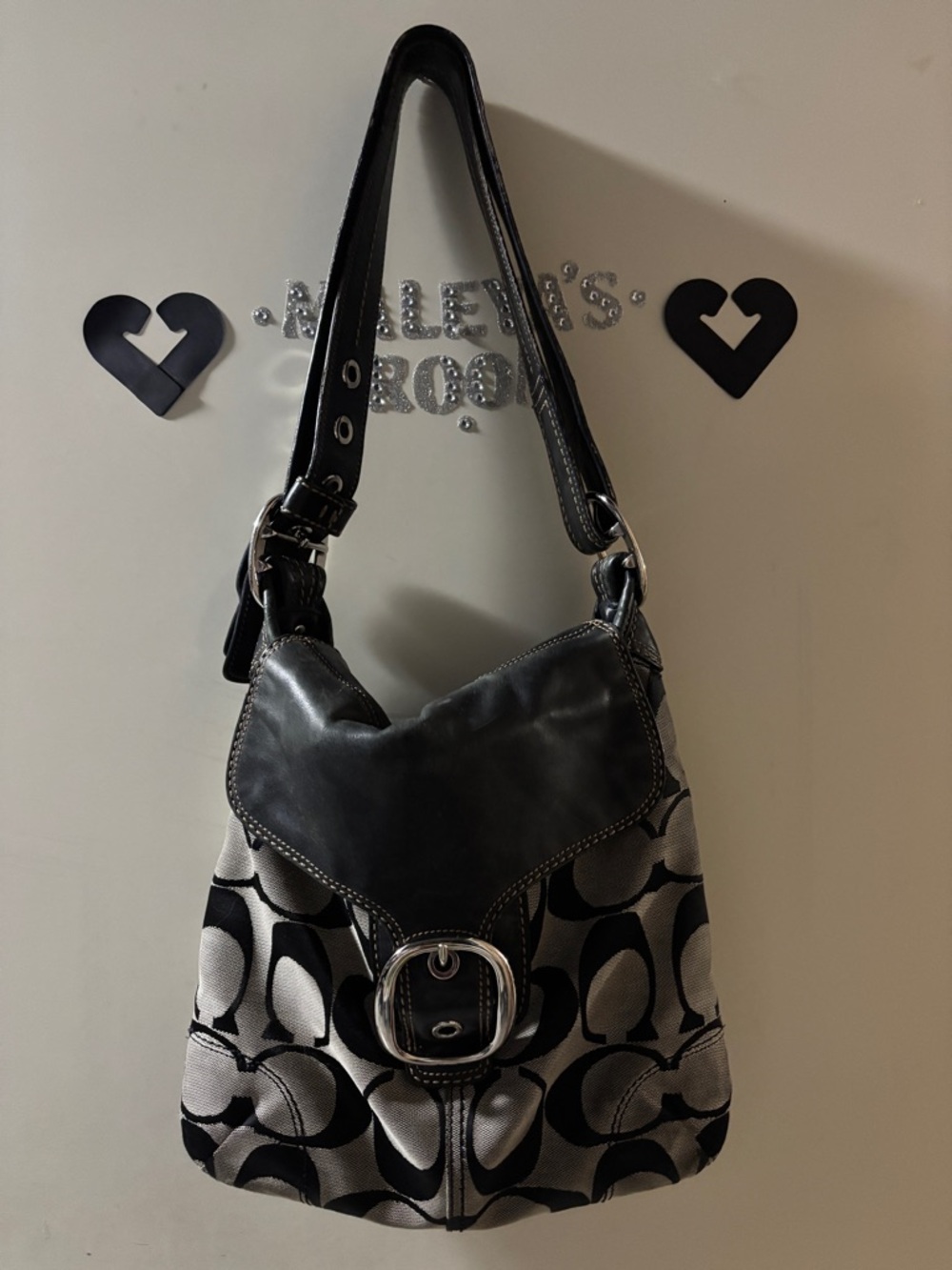 Vintage Coach Black & Gray Signature Buckle Shoulder Bag